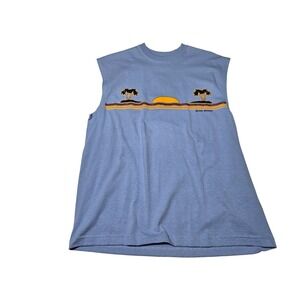 Vintage Silver Strand Sunset Palm Graphic Muscle Tee Top Heavy L‎ Blue Cutoff